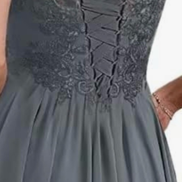 Dress Tea Length Lace Appliques V Neck Navy Blue Chiffon Short Sleeves sz 10 NEW - Picture 4 of 4